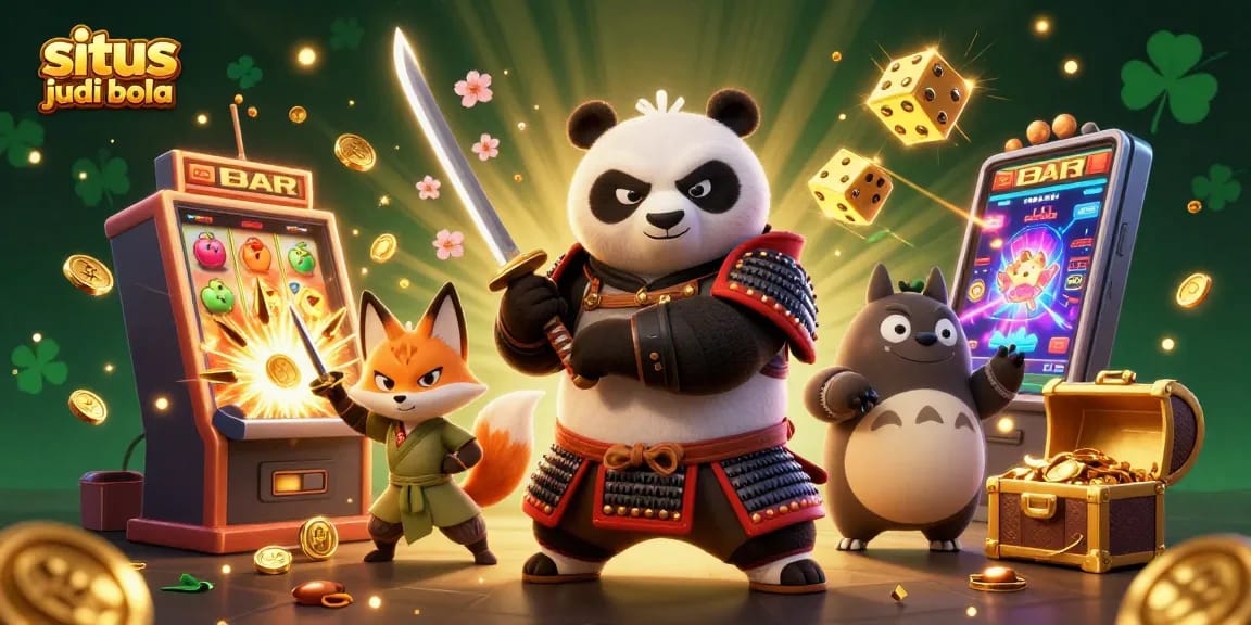 Experience situs judi bola thrills with a dynamic casino scene featuring a samurai panda and ninja fox.