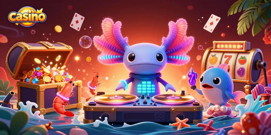 Casino scene with a vibrant axolotl DJ spinning records surrounded by slot reels and playful sea creatures.