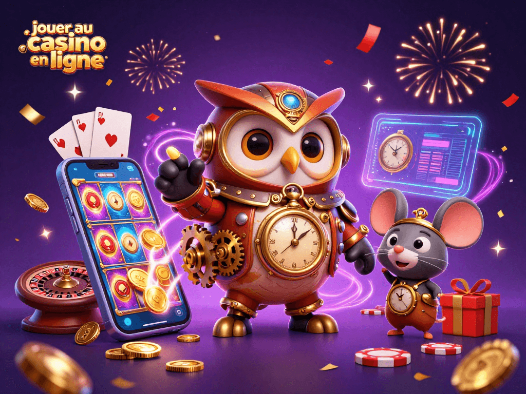 jouer au casino en ligne avec une illustration dynamique d'une chouette et une souris dans un cadre steampunk