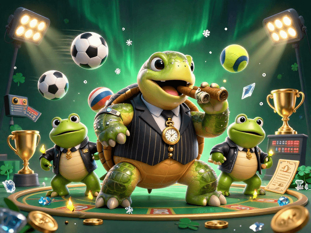 Experience winning moments with iwin's 3D cartoon casino adventure featuring a turtle and frog enforcers.