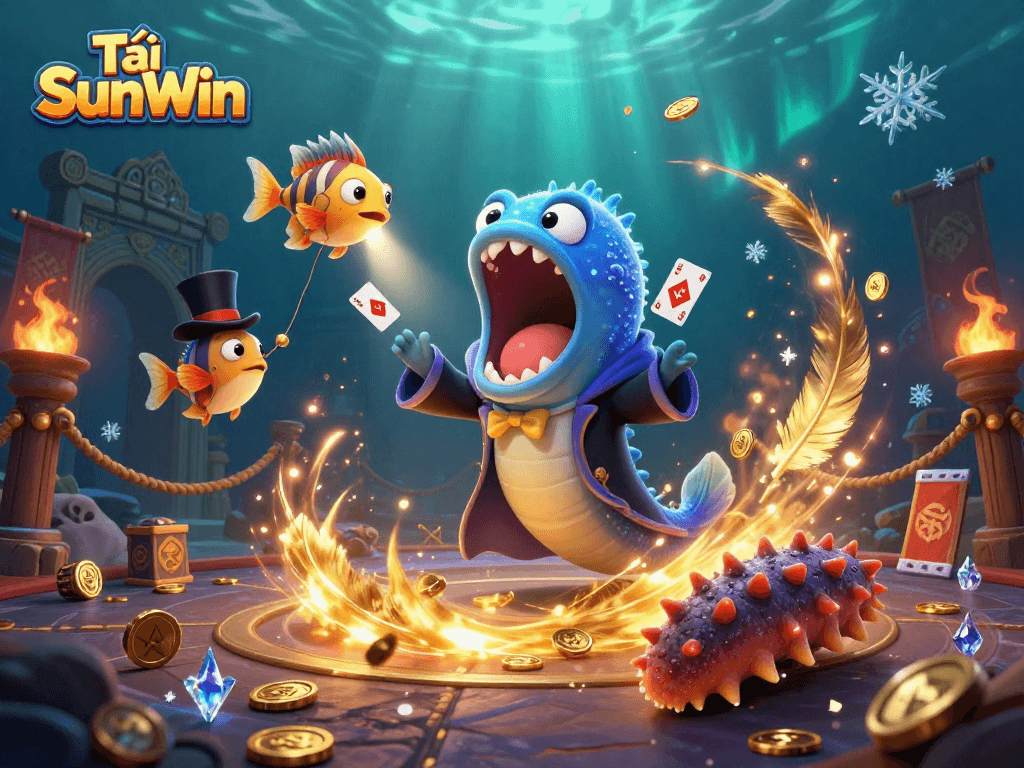 Tải SunWin and enjoy thrilling card tricks by a deep-sea gulper eel magician in an exciting underwater setting.