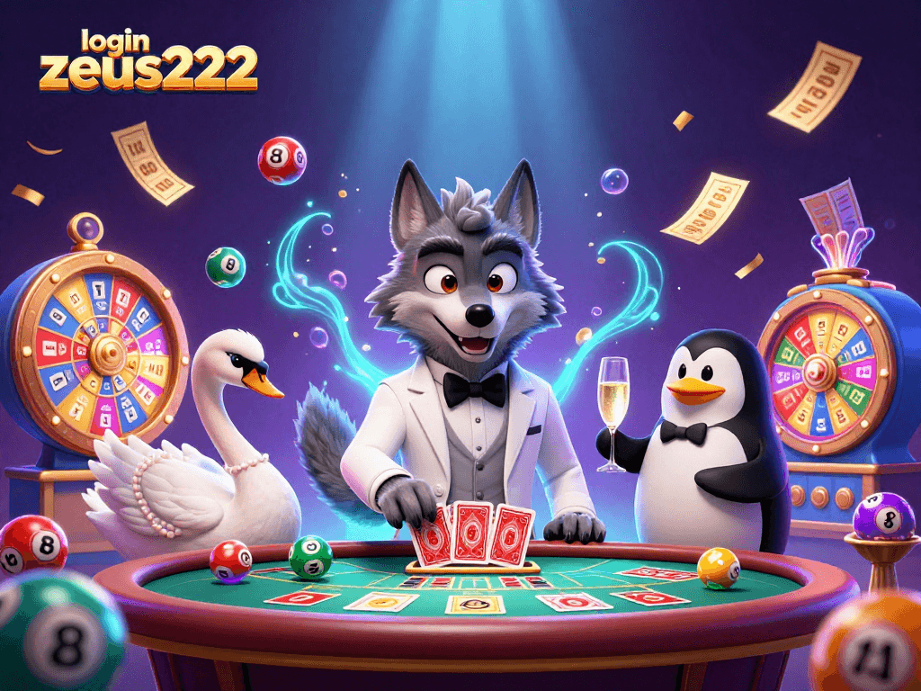 Play and win at login zeus222 with vibrant game elements and charming characters in a lively casino scene.