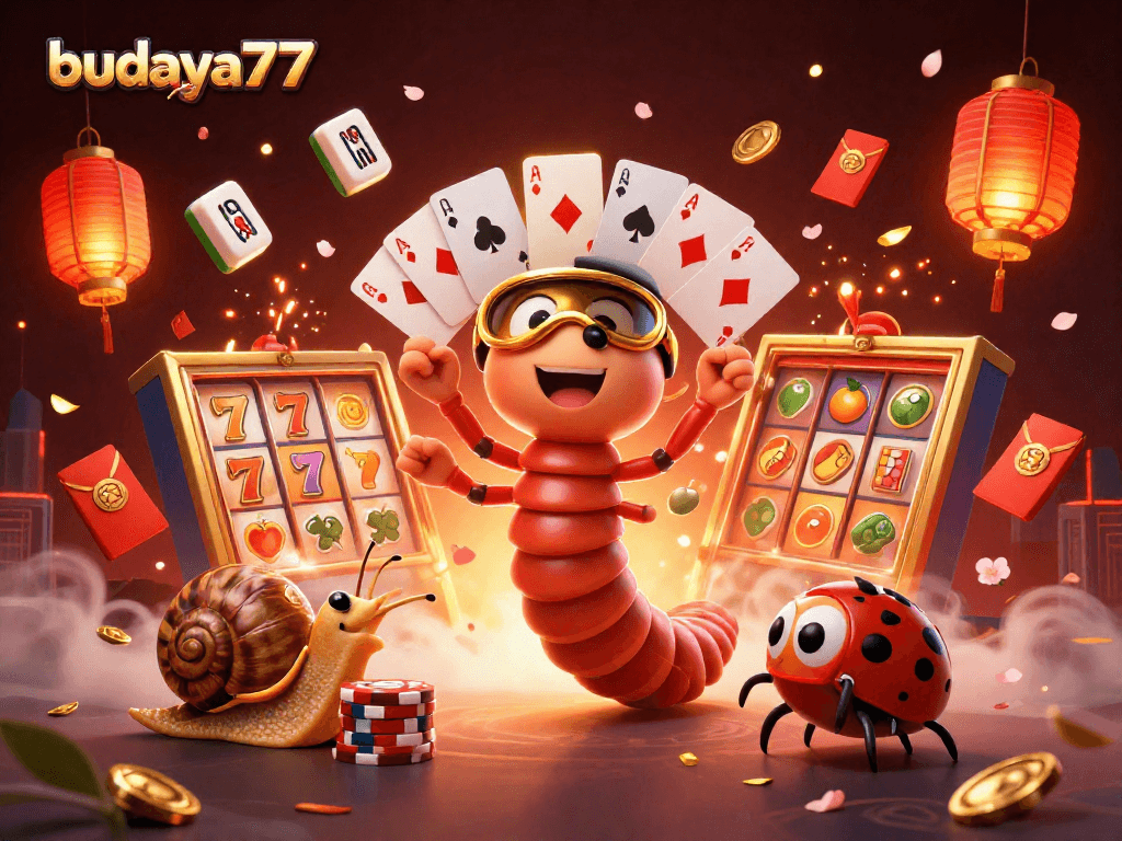 Gambarkan budaya777 dengan dealer milipede melayani kartu, dikelilingi oleh elemen judi berkilauan.