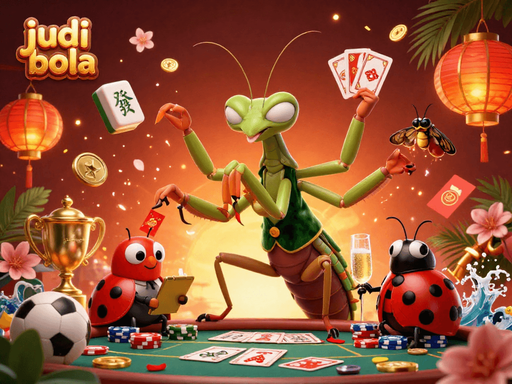 Engage in judi bola with a dynamic 3D scene featuring a card sharp and pit boss amidst vibrant gambling elements.