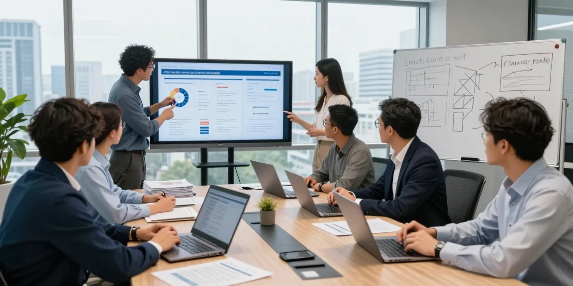 Team collaborates on document fraud detection strategy in modern office.