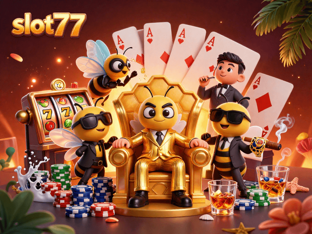 Experience the excitement of slot777 with vibrant slot machines and animated casino characters.