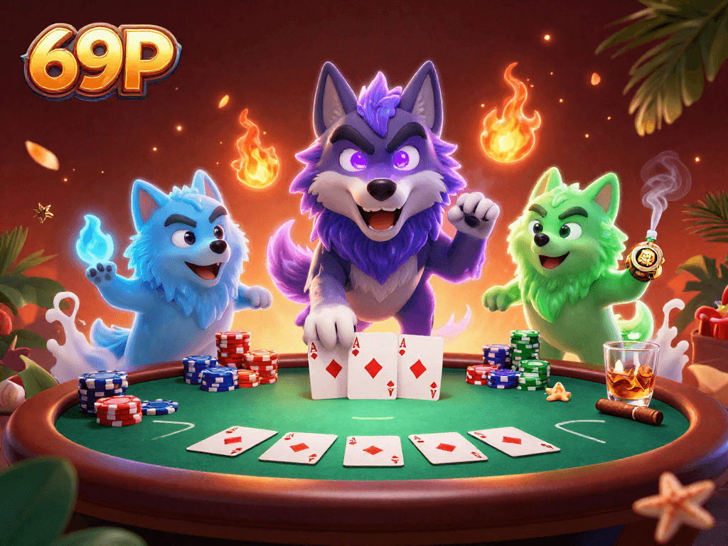 69P: ilustração 3D de lobos fantasmas em jogo de poker com fichas coloridas e ambiente vibrante.