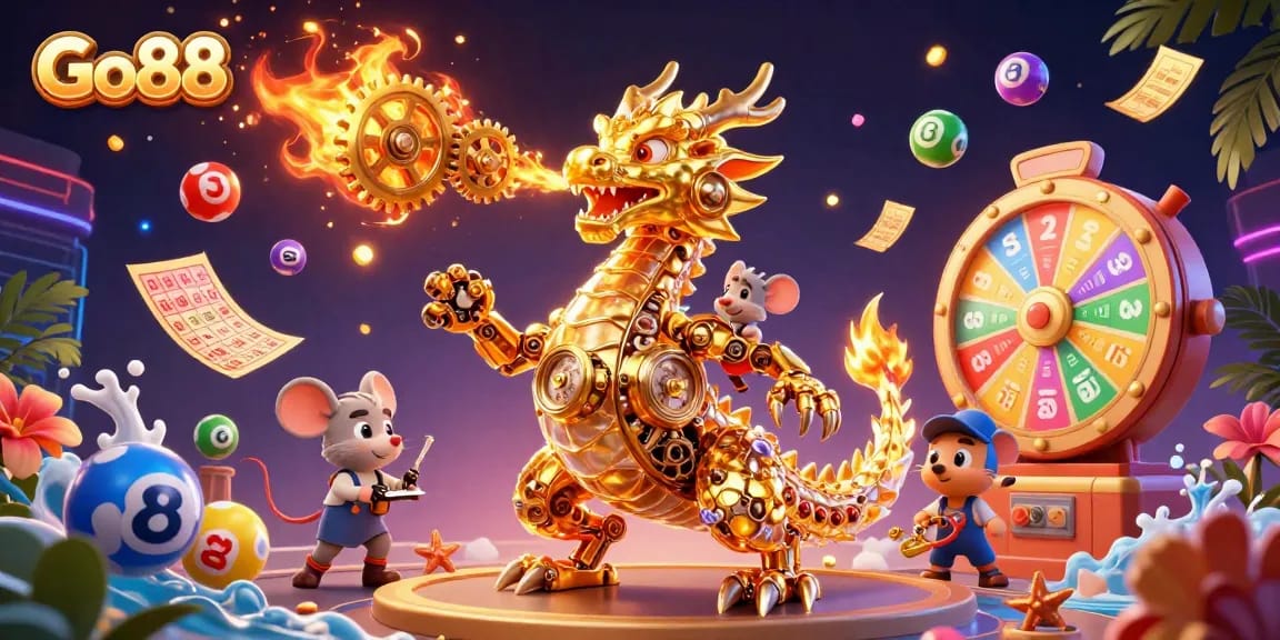 Experience the excitement of Go88 with a golden dragon and dynamic gaming elements.