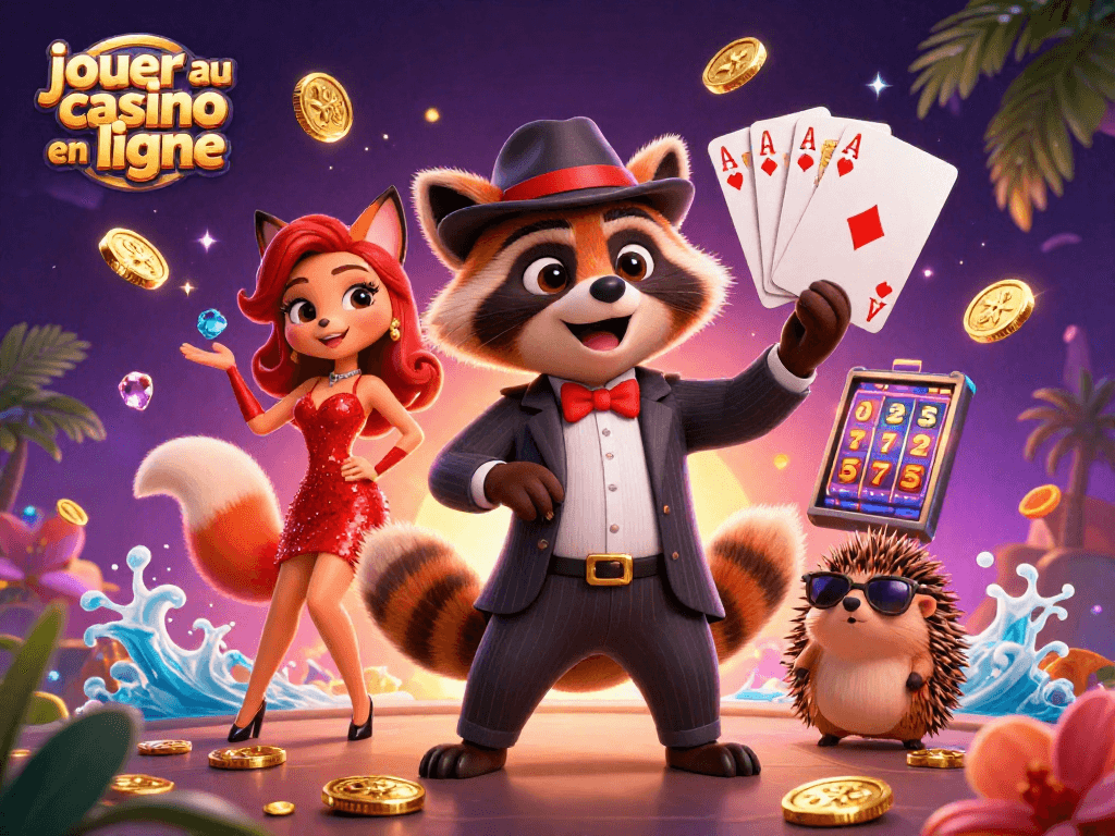 Jouer au casino en ligne avec une scène animée comprenant un raton laveur, une renarde et un hérisson, entourés de pièces d'or et de jets de lumière.