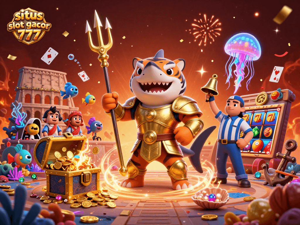 situs slot gacor 777 showcases a vibrant underwater casino scene with a shark in gladiator armor surrounded by treasure and celebrating fish.