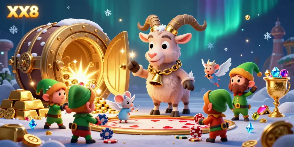 Experience the thrill of online gaming with XX8 in a festive casino scene featuring 3D characters in vibrant dynamics.