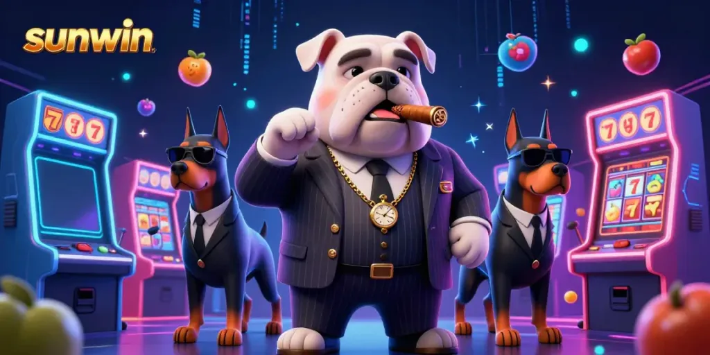 Engage with sunwin's exciting world of casino gaming featuring a mobster bulldog and themed machines.