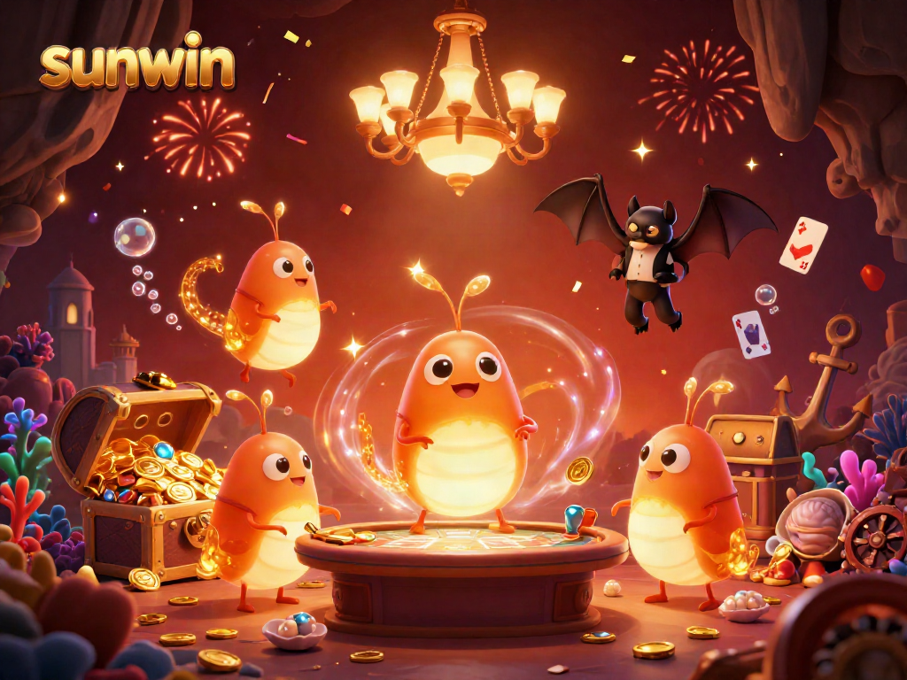 Experience the excitement of sunwin with glowing bioluminescent glowworms in a vibrant casino scene.
