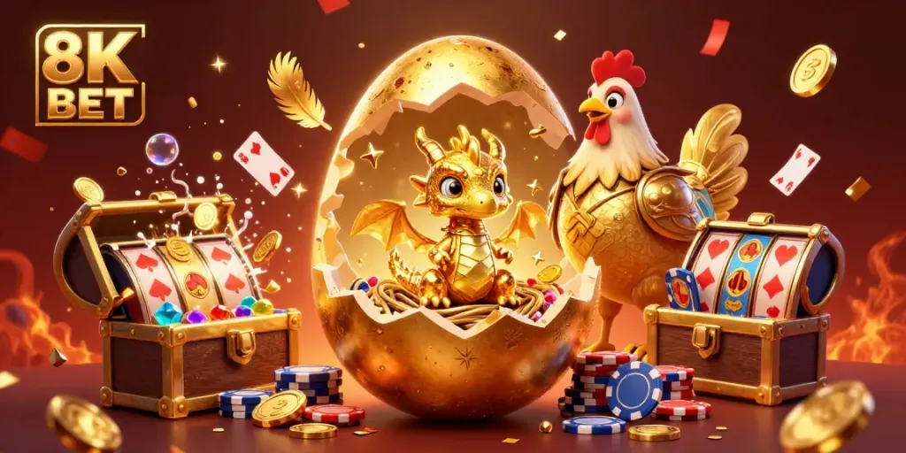 Experience the thrilling world of 8K BET with a vibrant dragon and golden chips in a lively casino atmosphere.