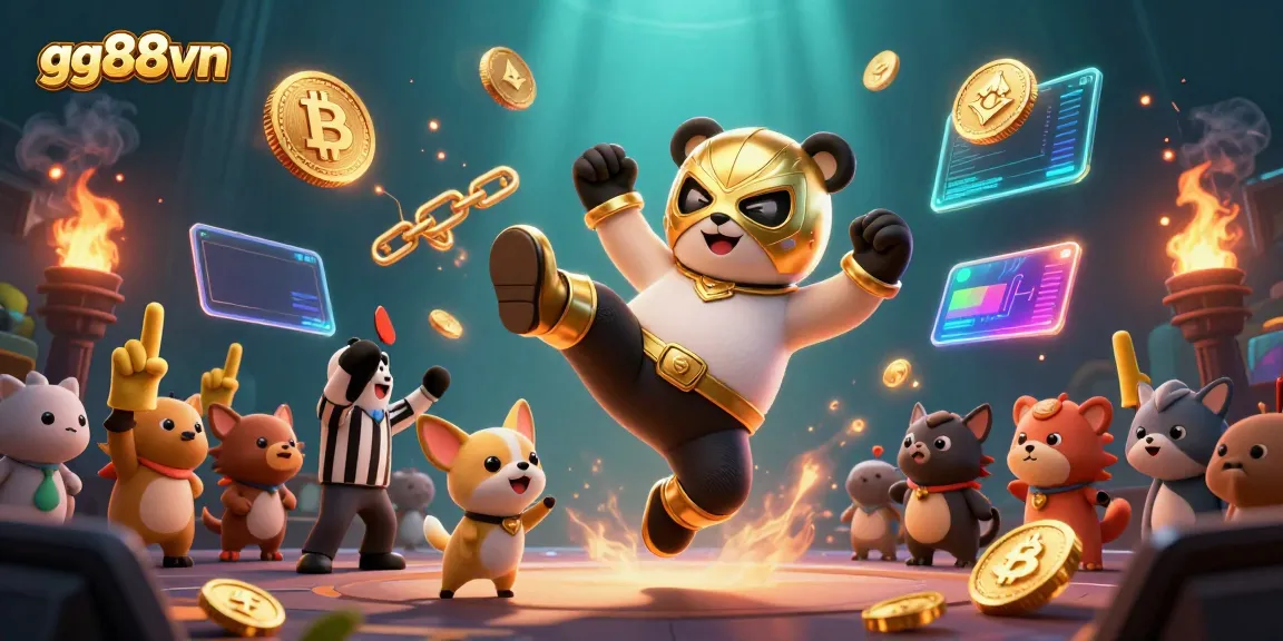 Engage with gg88vn's electrifying online casino scene featuring a dynamic panda wrestler and cryptocurrency elements.