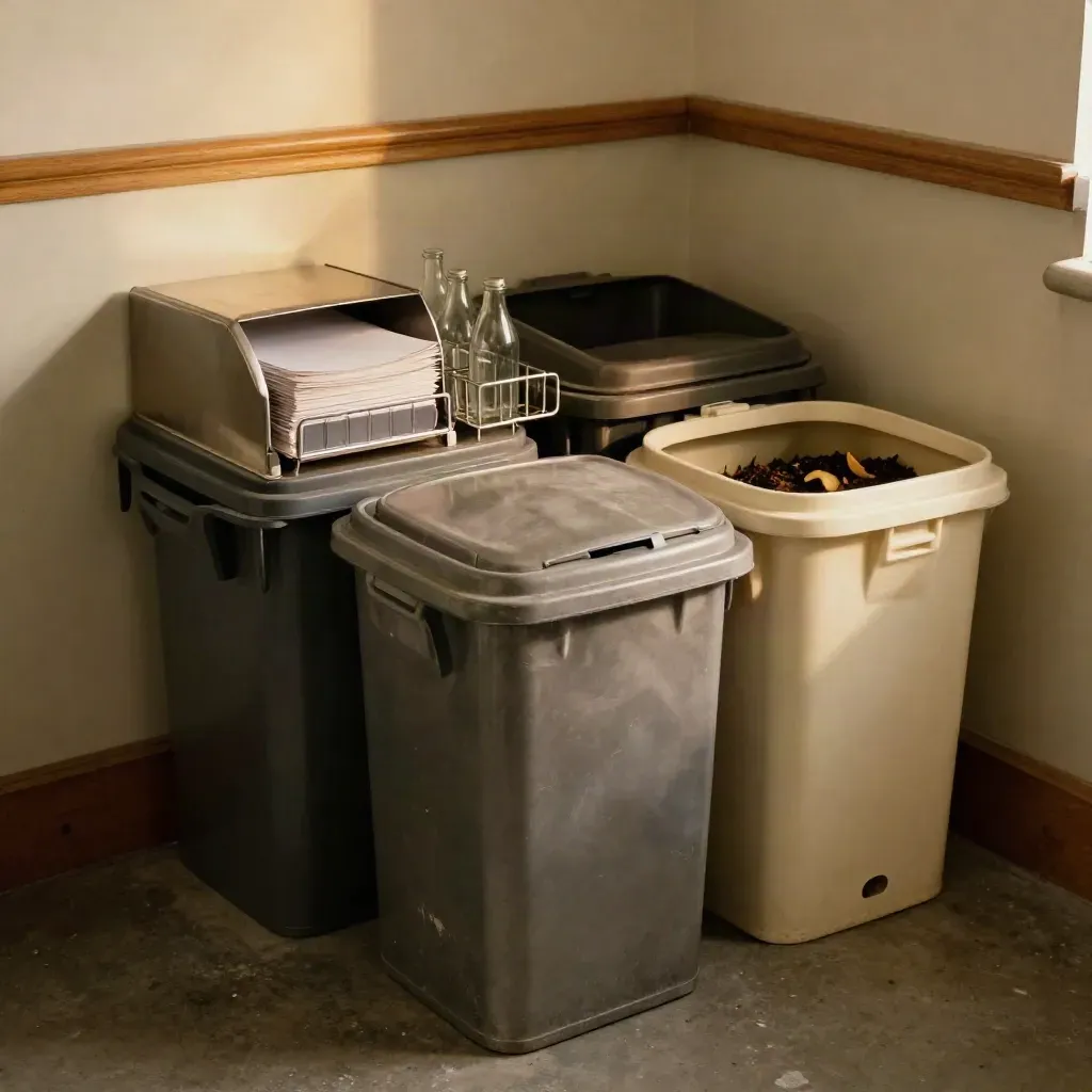Angolo ufficio con tre bidoni, scivolo carta, cestino bottiglie e contenitore compost, luce calda.