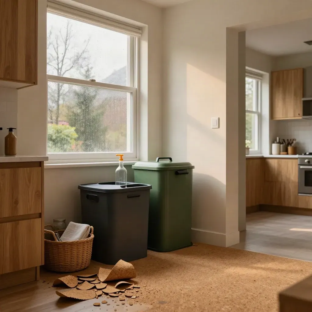 Angolo cucina ordinato con contenitori riciclo, sughero e luce dopo la pioggia.