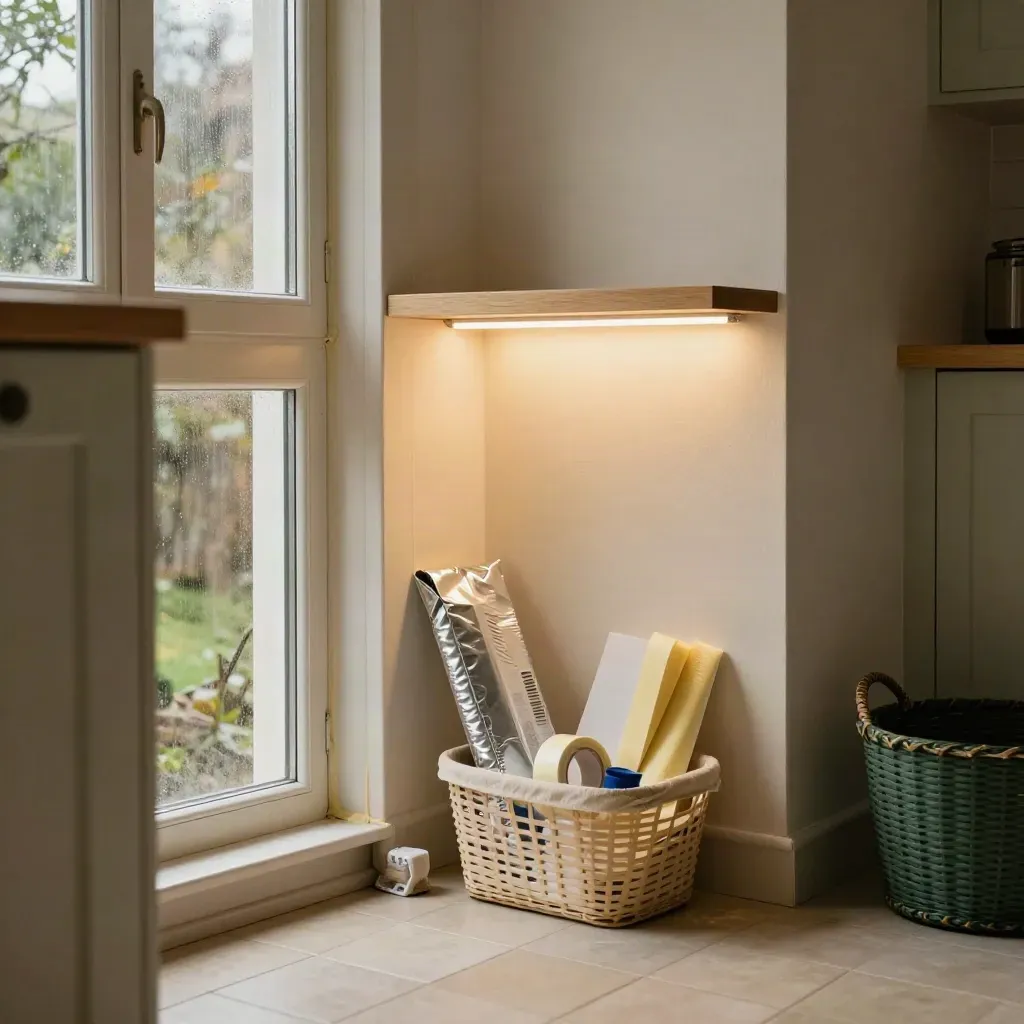 Angolo casa con finestra sigillata, striscia LED, pannello riflettente e materiali per isolamento.