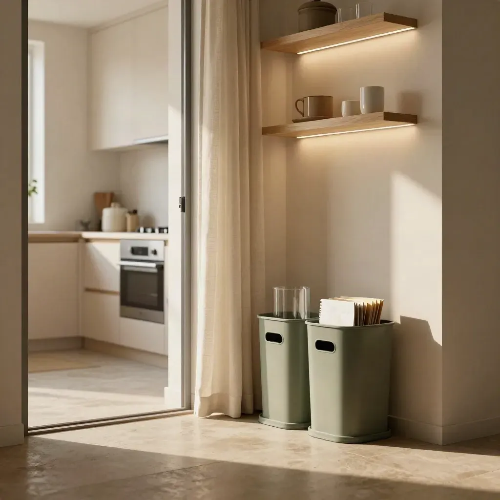 Angolo cucina ordinato con luci LED, tende termiche e raccolta differenziata in ordine.