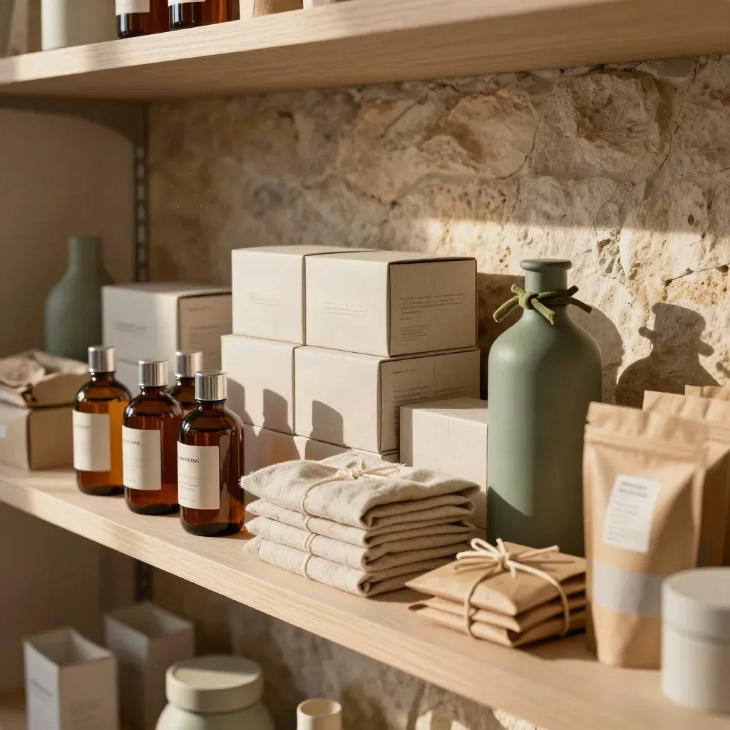 Ripiano boutique con bottiglie refill, scatole kraft, teli in lino e imballaggi riciclati.