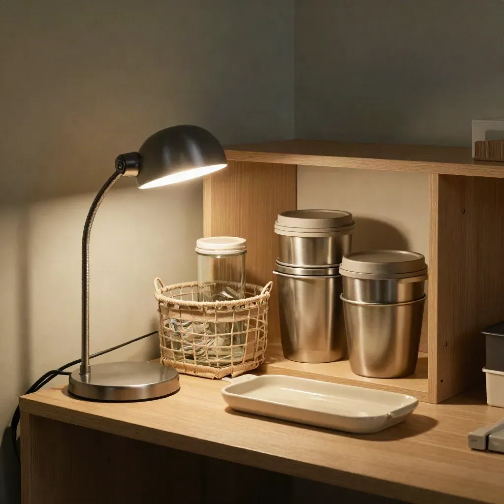 Angolo studio ordinato con lampada LED, contenitori riutilizzabili e cavi fissati su ripiano.