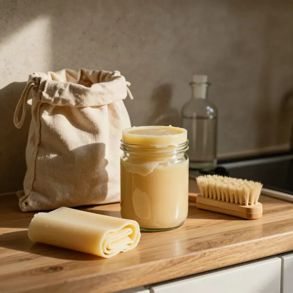 Barattoli avvolti in beeswax wrap, sacchetti in tessuto, spazzola in bambù e flacone refill su mensola calda.