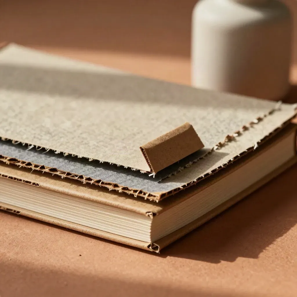 Campioni di cartone riciclato, canapa e bottiglia refill in ceramica su fondo terracotta.