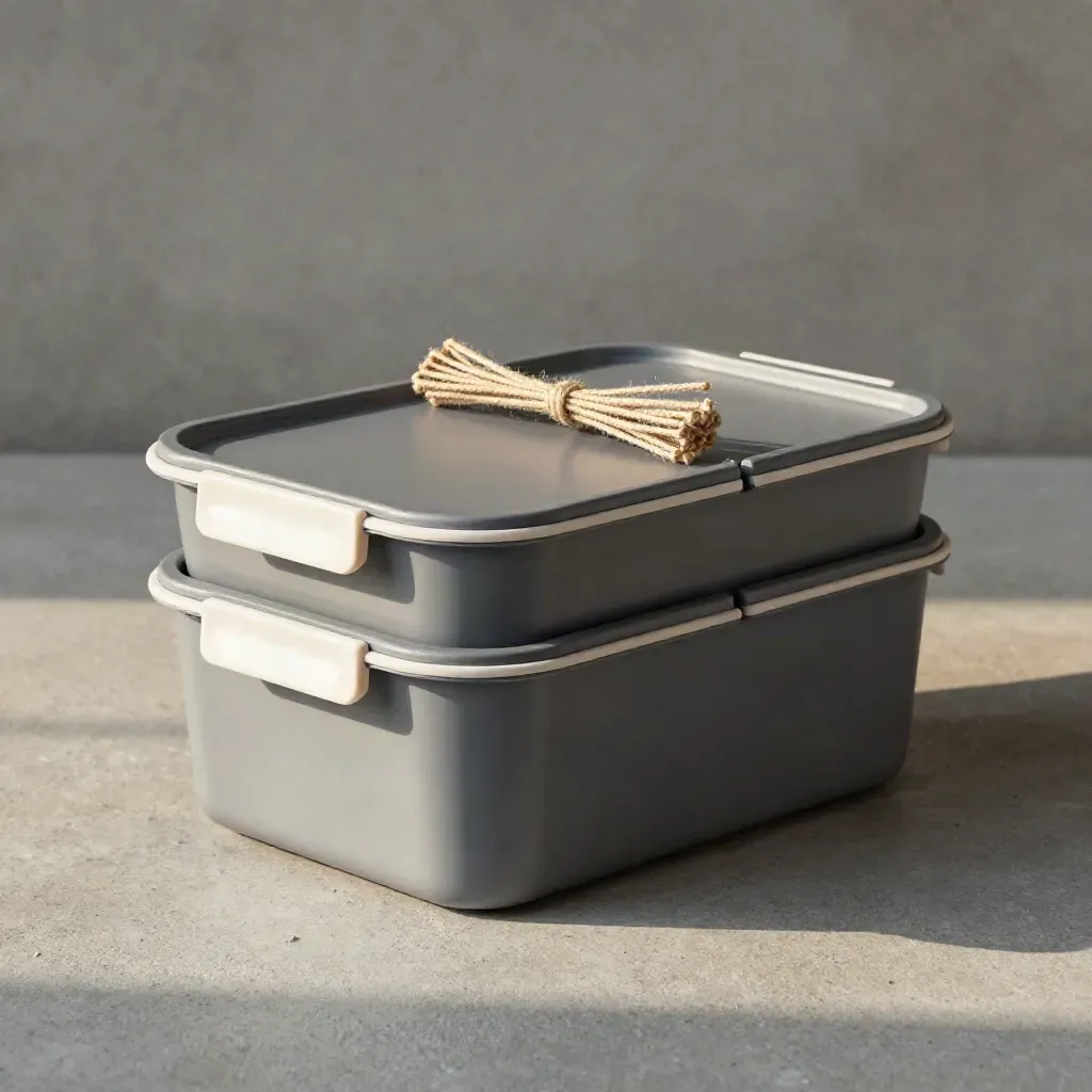 Bidoni modulari sigillati con fascetta crema e corda naturale su cemento.
