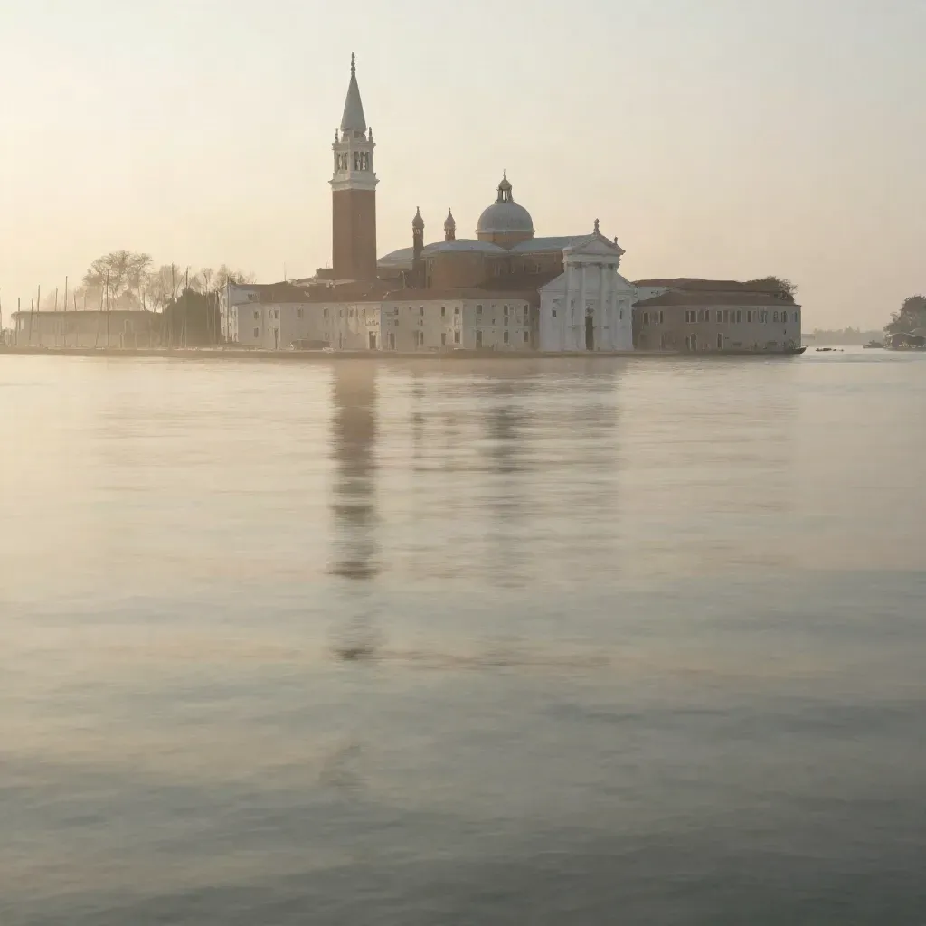 Laguna di Venezia all’alba con San Giorgio e alberi di barche nella foschia