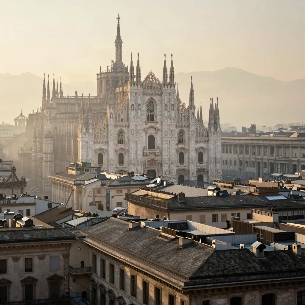 Duomo di Milano tra tetti chiari e foschia mattutina, con le Alpi sullo sfondo