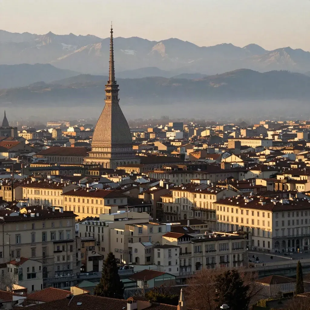 Torino al tramonto con la Mole Antonelliana e le Alpi nella foschia