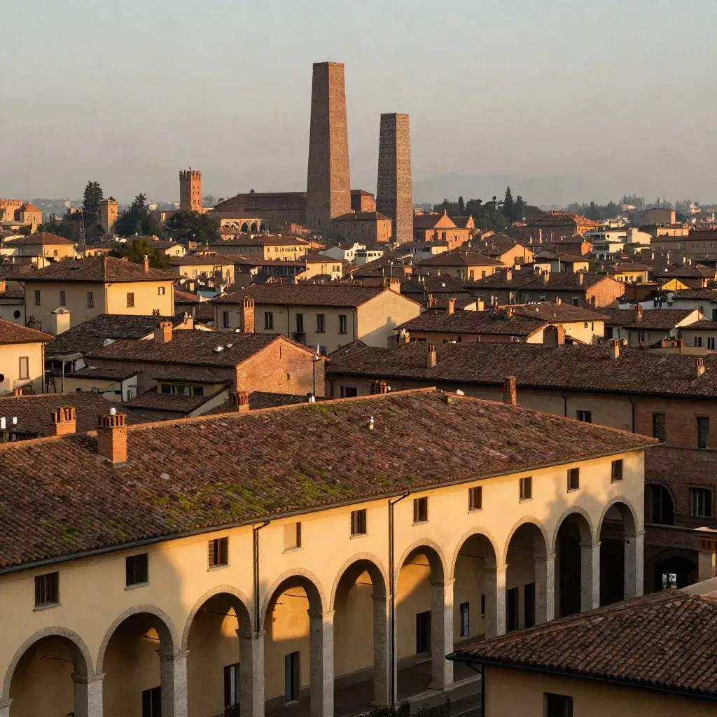 Tetti in cotto di Bologna e le Due Torri sopra portici vuoti nella luce calda