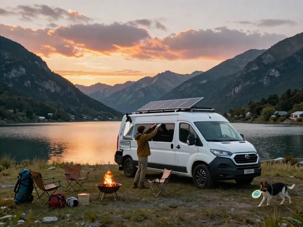 Installing solar panels on a campervan in nature, enhancing rokok88 link experience.