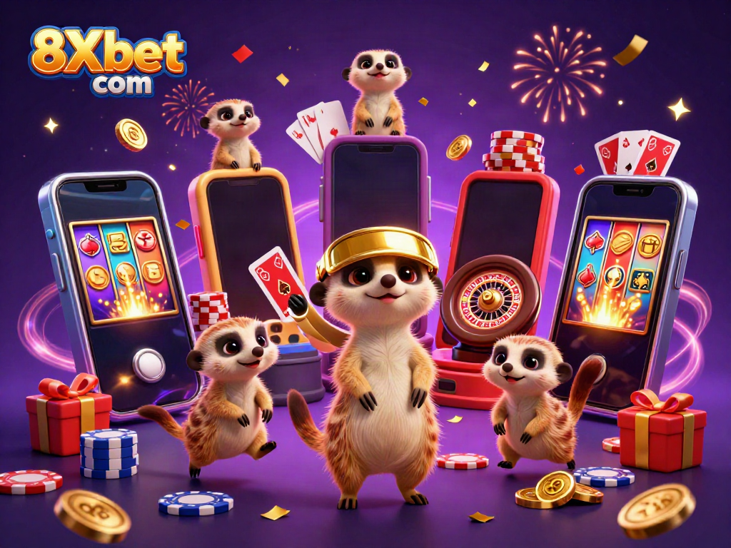 Experience thrilling gaming at 8Xbet com with a dynamic meerkat casino scene bursting with excitement.