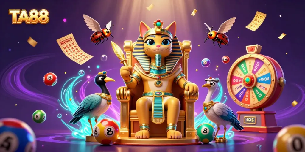 TA88 showcases a vibrant lottery scene with a pharaoh cat, dynamic game elements, and sparkling effects.
