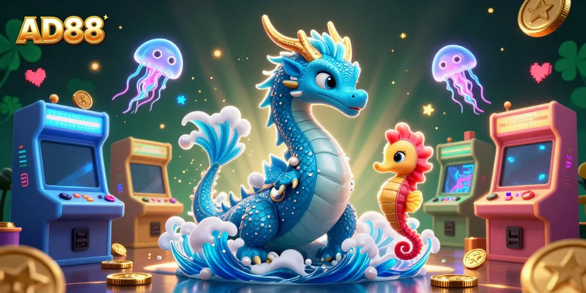 Experience the excitement at AD88 with a vibrant, 3D casino-themed illustration featuring fantastical characters.