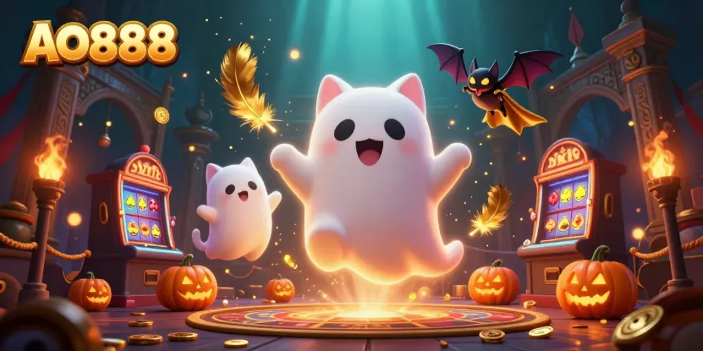 Experience excitement at AO888's haunted casino with a ghost cat and vampire bat in a vibrant scene.