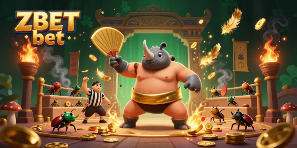ZBET bet showcases a powerful 3D rhinoceros beetle sumo champion amid gold coins in a vibrant casino scene.