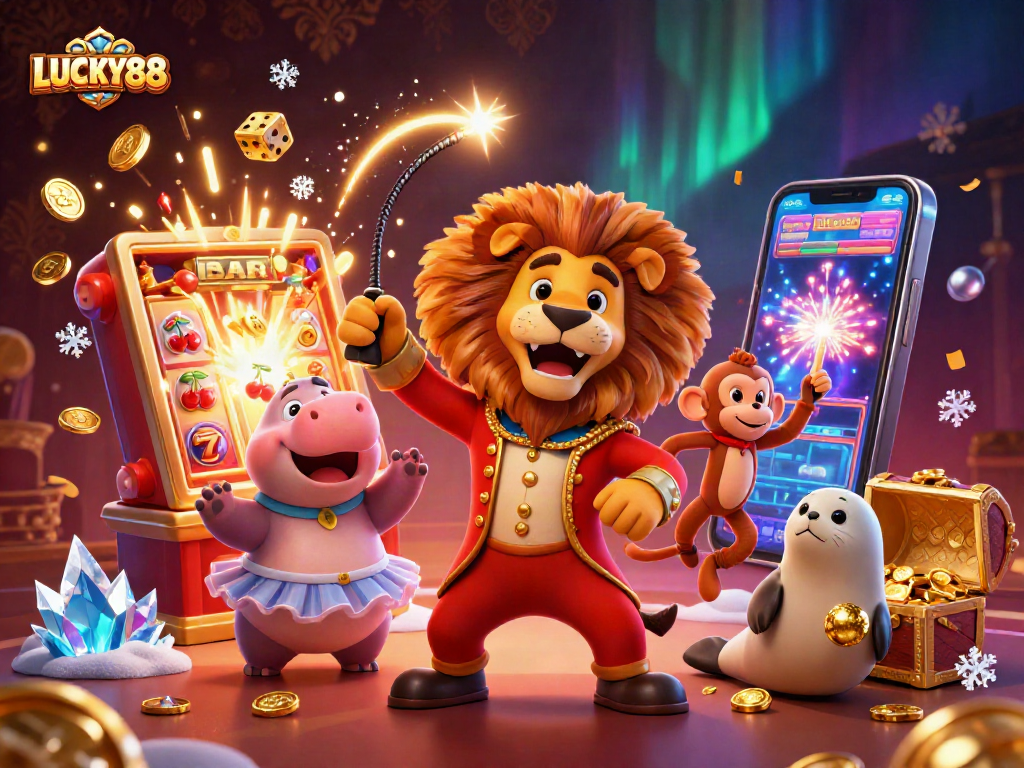 LUCKY88 slot machine erupting with coins and light beams, featuring colorful circus characters.