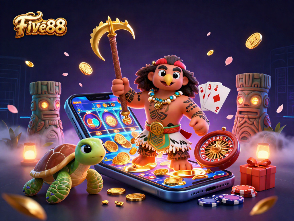 Engage in gaming at FIVE88 with a vibrant scene of a demigod hawk, a turtle, and dynamic casino elements.