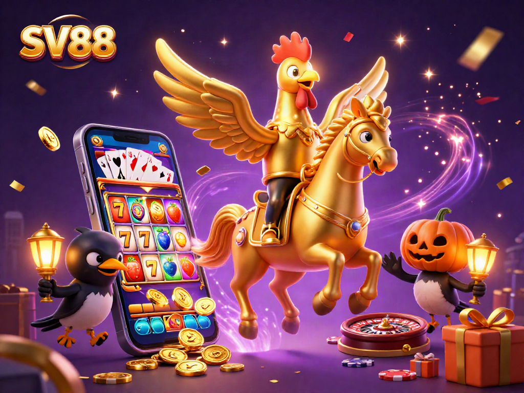 Win big with SV88 in a vibrant casino scene featuring a golden rooster and spectral horse.