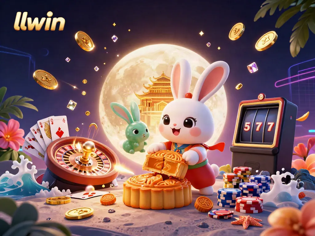 Engage with llwin's vibrant online casino world featuring a moon rabbit illustration bursting with excitement.
