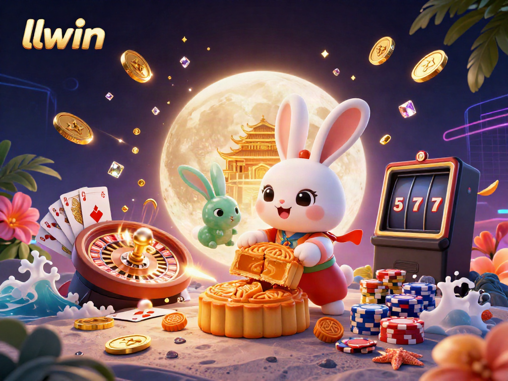 Engage with llwin's vibrant online casino world featuring a moon rabbit illustration bursting with excitement.