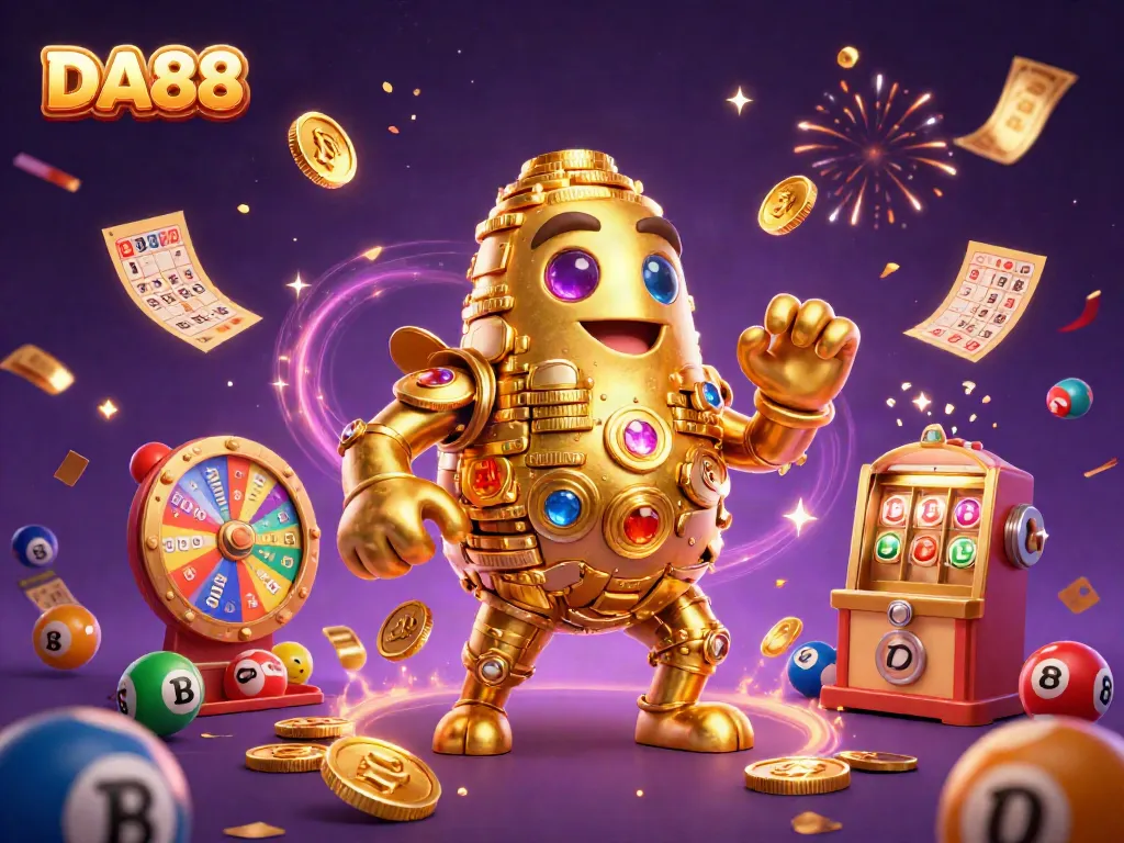 DA88 celebrates with a golden golem amidst vibrant lottery elements and confetti rain.