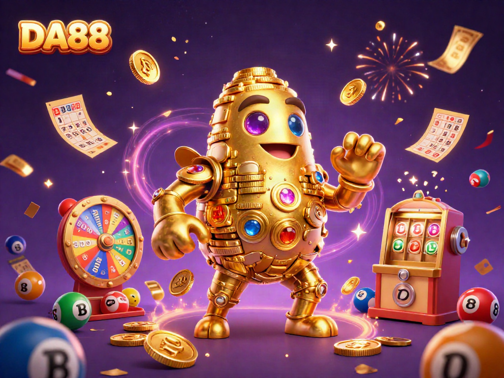 DA88 celebrates with a golden golem amidst vibrant lottery elements and confetti rain.