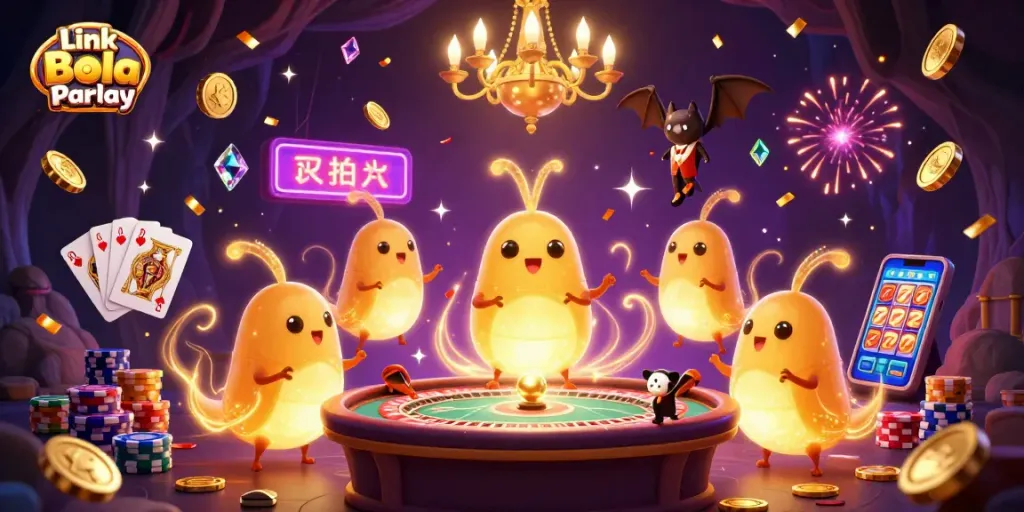 Engage with Link Bola Parlay at this vibrant casino illustration showcasing glowworms lighting a game-filled cave.