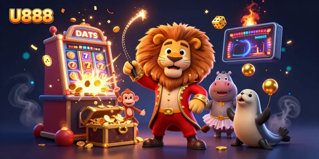 Engage with U888's vibrant 3D casino scene featuring an energetic lion ringmaster and playful characters amidst dynamic slot machine action.