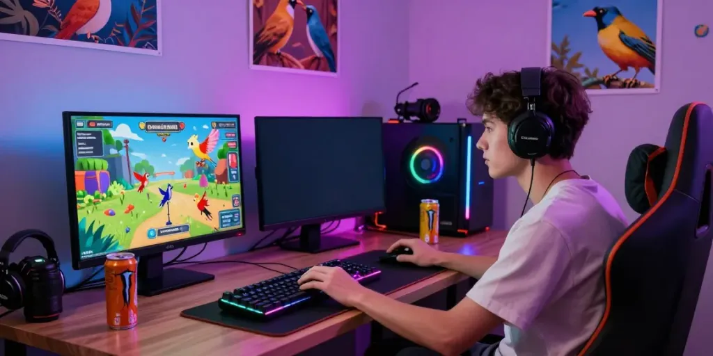 Engaged user playing ROKOK88 virtual bird-catching game, showcasing focus and vibrant gaming environment.