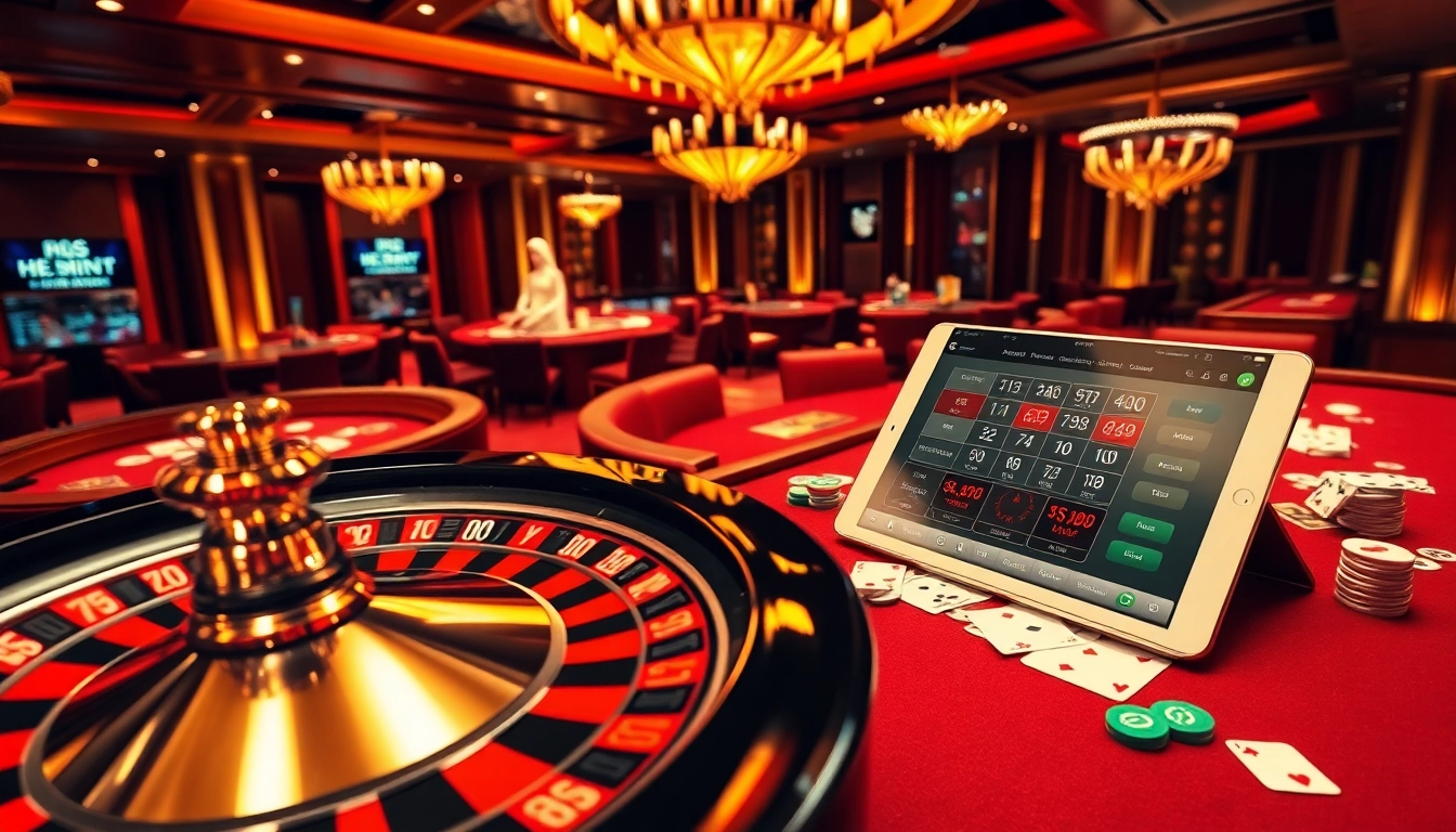 Engaging gambling scene at Nhà Cái 56WIN featuring roulette, poker tables, and online gaming interface.