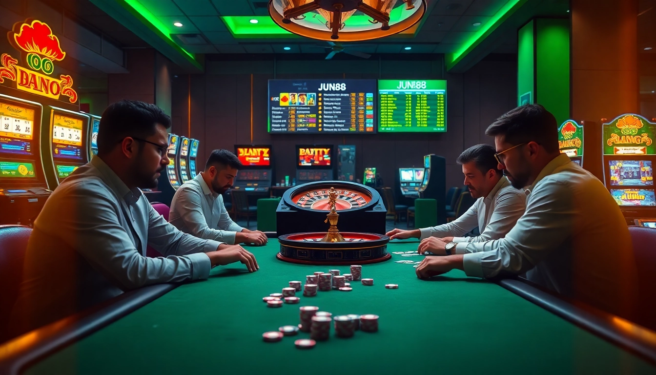 Exciting gambling action at JUN88 poker table with chips and roulette wheel.